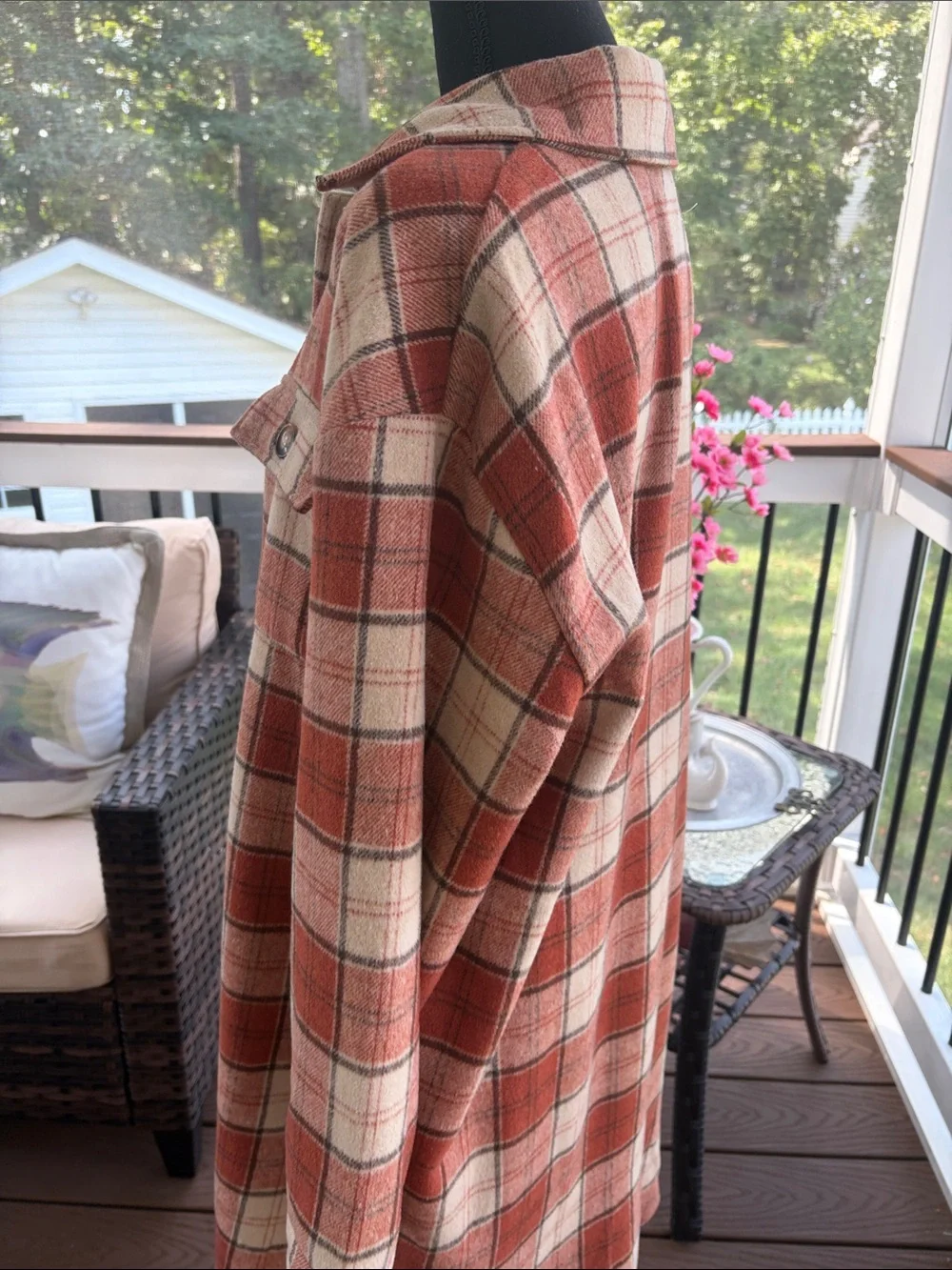 Women’s Long Plaid Shacket Jacket - Rust & Cream